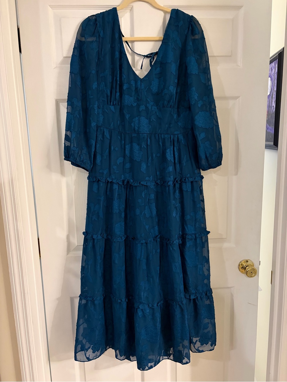 The General Good Heidi Tie Back dress tiered teal blue sheer sleeves NWT XL